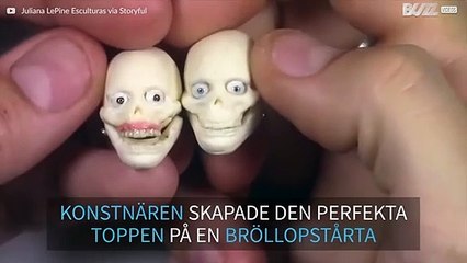 Konstnär gör realistisk skulptur av ett par på deras bröllopstårta