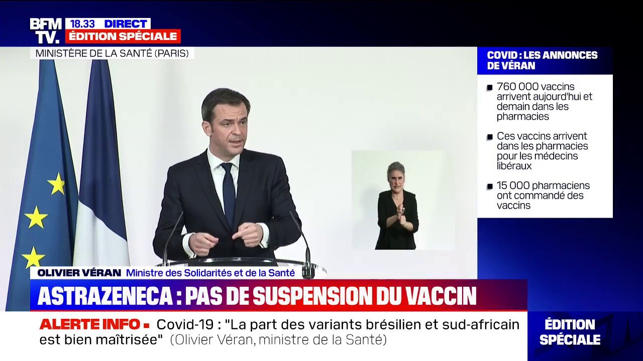Olivier Véran: "Au mois d'avril, nous recevrons 1,9 million de doses du vaccin Pfizer par semaine"