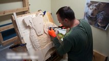 Man Carves Dogs Portrait On Wood Using Various Tools
