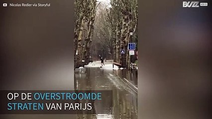 Parijzenaren wakeboarden in overstroomde stad