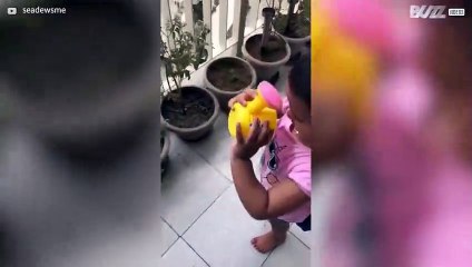 Toddler gets a soaking trying to use watering can