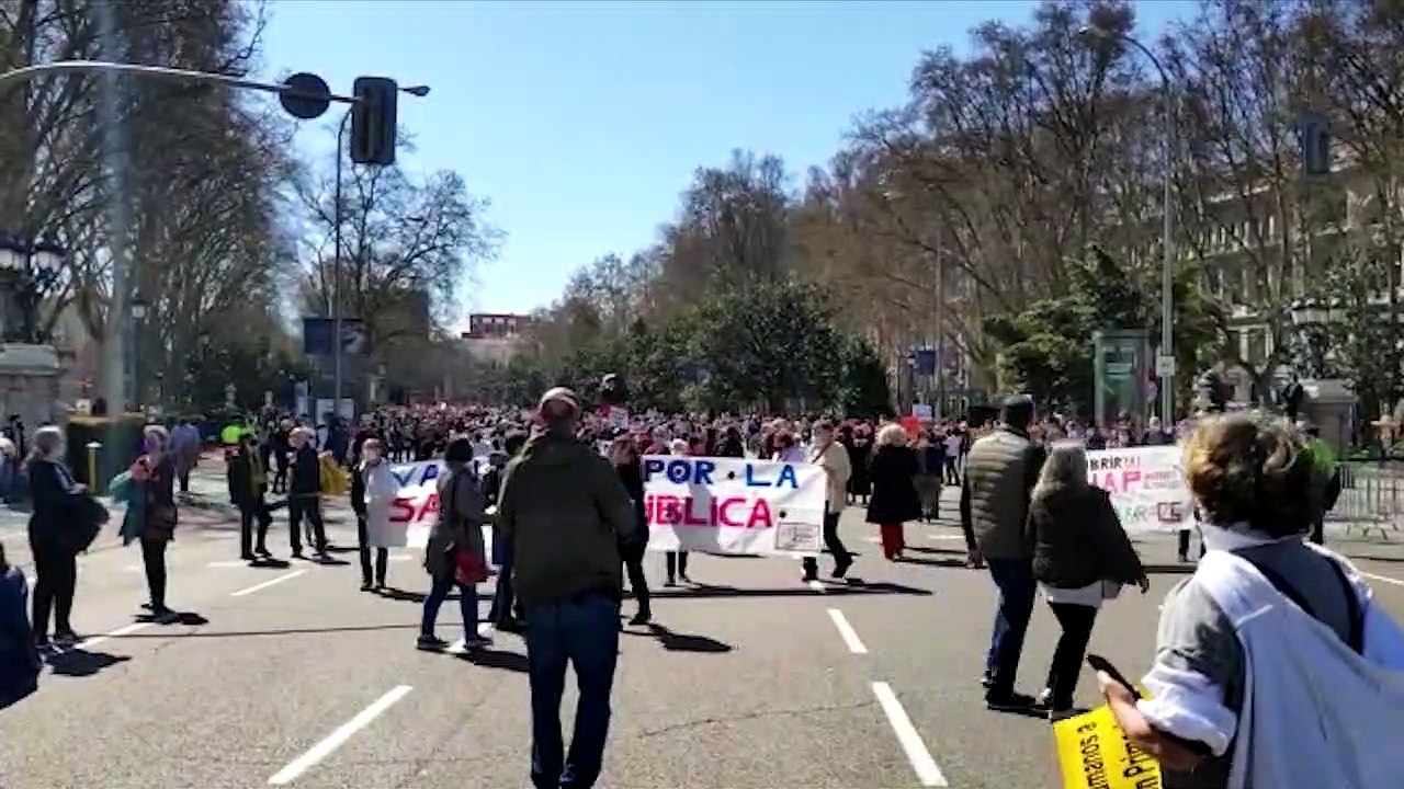 La Marea Blanca protesta contra la gestión de Ayuso con un 'ninot'