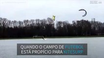 Kitesurfers se divertem em campo de futebol inundado na França