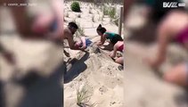 Jovens aconchegam jovem bêbado na praia