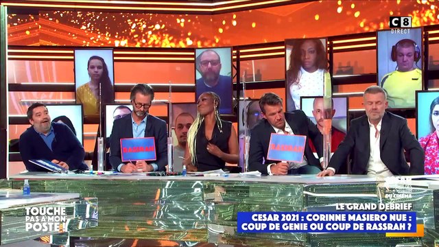 La colère de Cyril Hanouna contre son chroniqueur Stéphane Tapie qui traite de laideron Corinne Masiero nue lors de la cérémonie des César