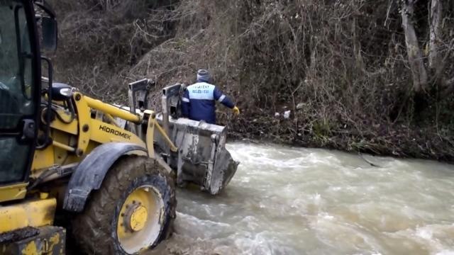 Dere kenarında mahsur kalan köpeğin imdadına belediye ekipleri yetişti