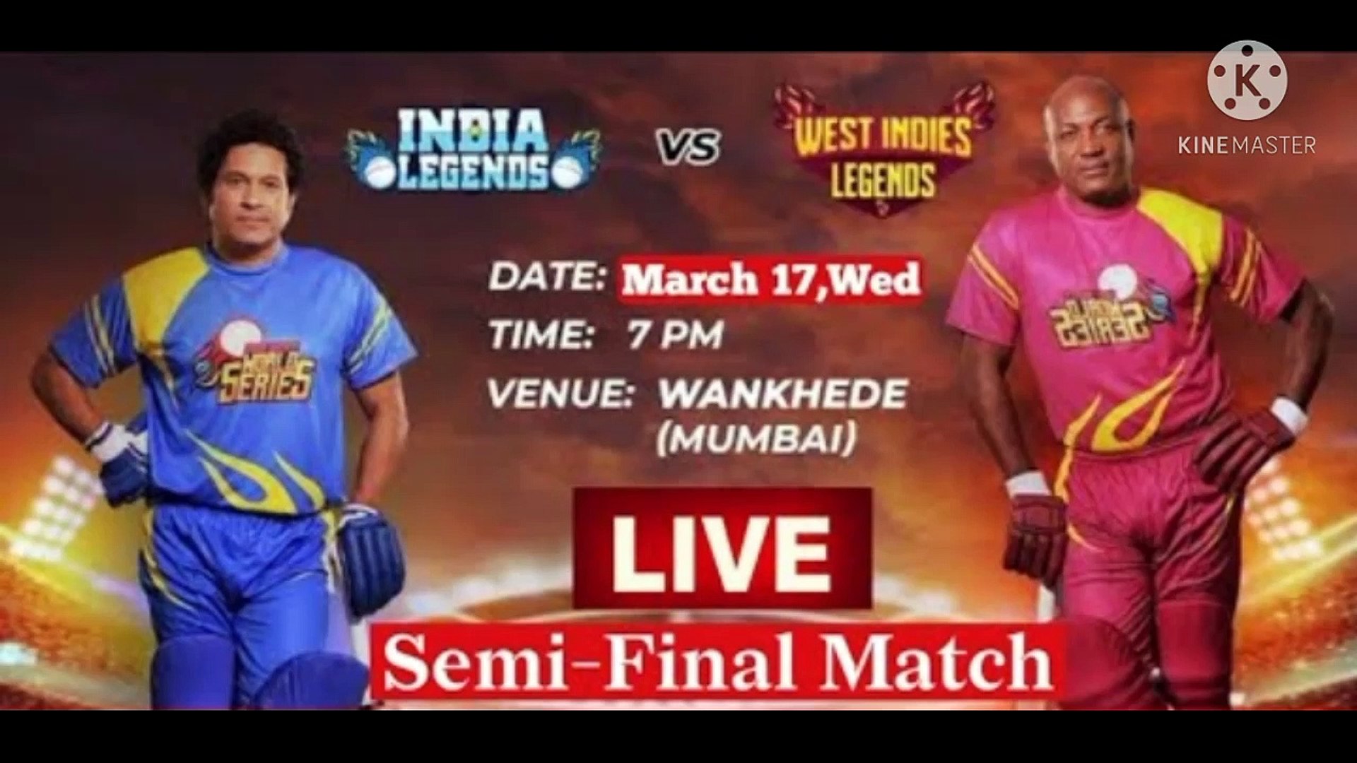 India Legends vs West indies Legendssemi-finalRoad Road safety world series.