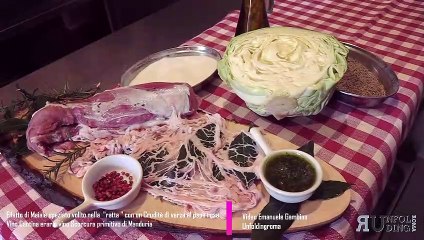 Filetto di maiale avvolto nella ratta accompagnato da un cruditè di verza al pepe rosa
