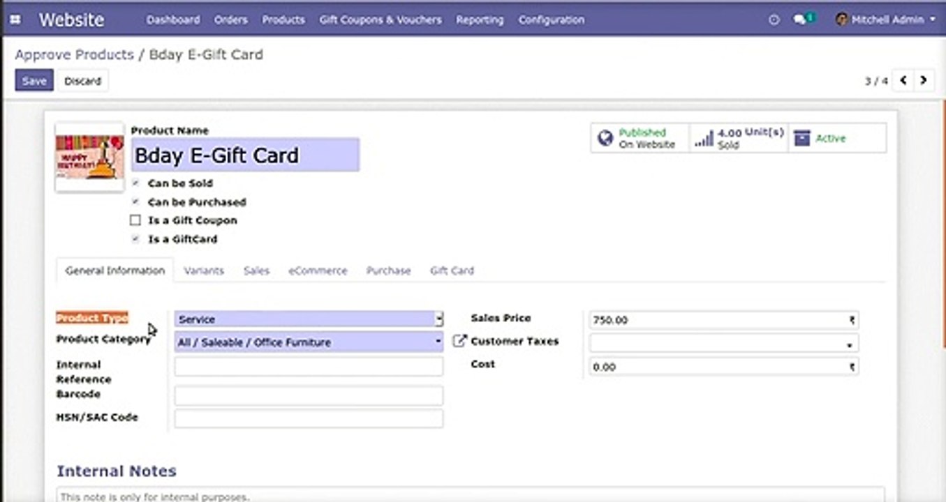 How to Sell gift cards on eCommerce Website | Multiple Variants | Odoo