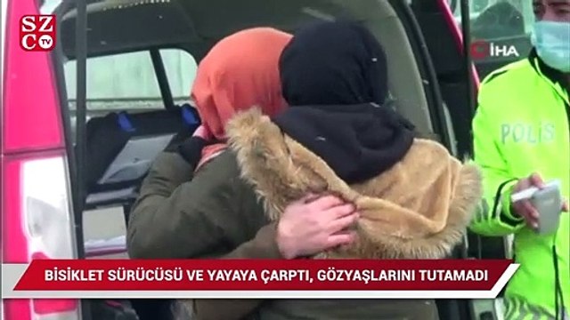 Bisiklet sürücüsü ve yayaya çarptı, gözyaşlarını tutamadı