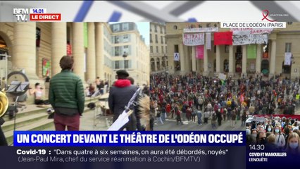 Un concert devant le théâtre de l'Odéon occupé depuis le début du mois