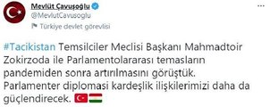 Dışişleri Bakanı Çavuşoğlu, Tacikistan Temsilciler Meclisi Başkanı Zokirzoda ile bir araya geldi