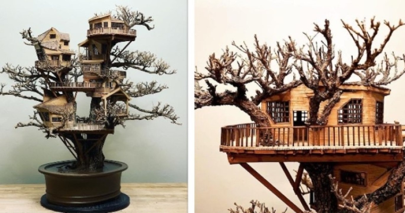 Cet artiste crée des cabanes miniatures fabriquées à la main, qu'il place dans des bonsaïs