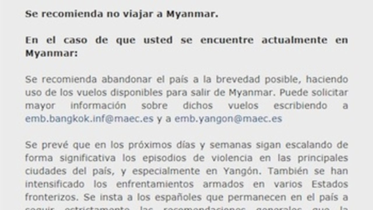España recomienda a sus ciudadanos que salgan de Birmania lo antes posible