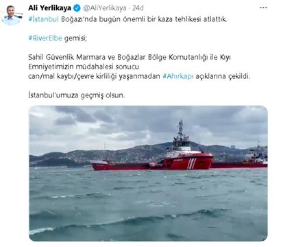 İstanbul Valisi Ali Yerlikaya, İstanbul Boğazı'nda bugün önemli bir kaza tehlikesi atlattık