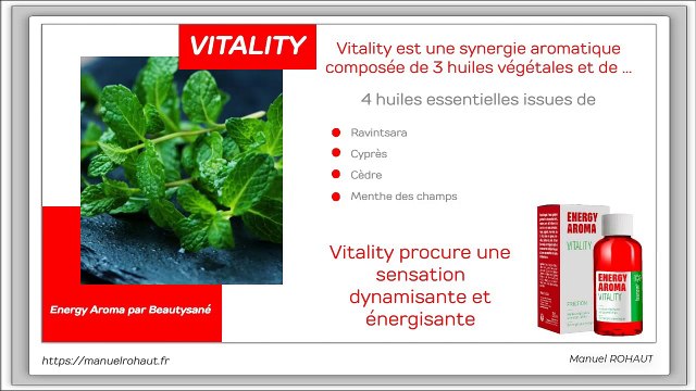 Vitality est une synergie aromatique proposée par Beautysané sous forme de friction - huiles essentielles d'origine végétale extraites par distillation traditionnelle à la vapeur d'eau