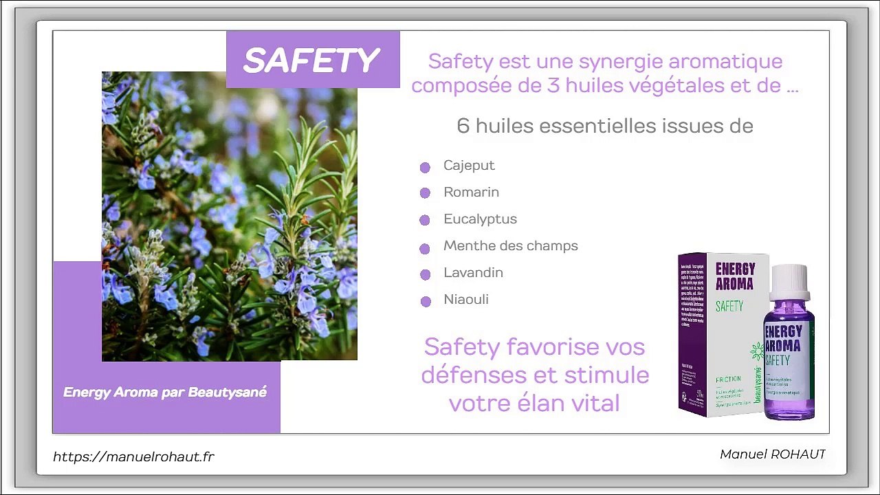 Safety  est une synergie aromatique proposée par Beautysané sous forme de friction - huiles essentielles d'origine végétale extraites par distillation  traditionnelle à la vapeur d'eau