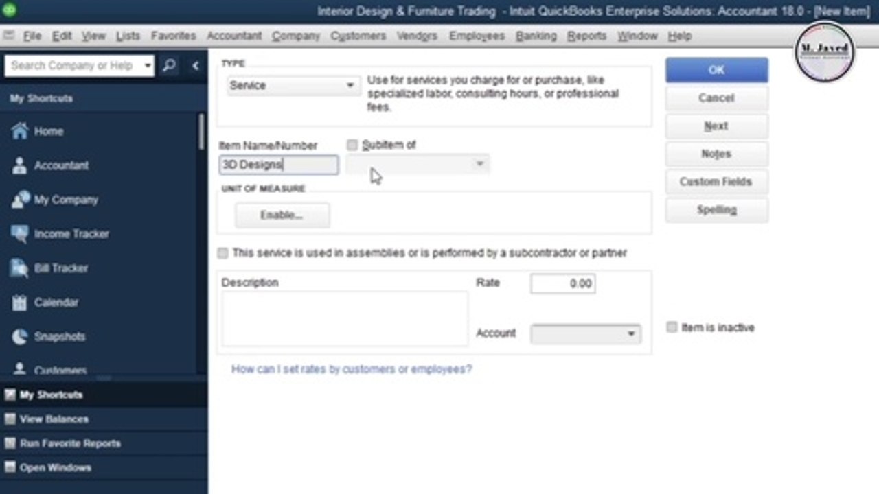 QuickBooks Desktop  Adding Service Items