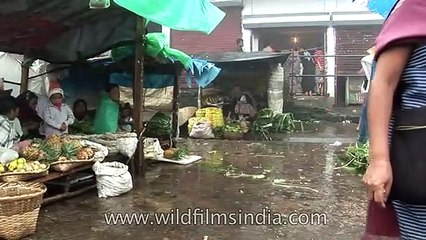 Cherrapunji Market with fresh fruit and LOTS of rain and umbrellas!