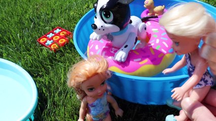 At the Pool ! Barbie gets bad sunburn - Elsa and Anna Toddlers  - relax - pool