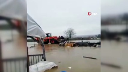 Hayvan çiftliği sular altında kaldı, kuzular kepçeyle kurtarıldı