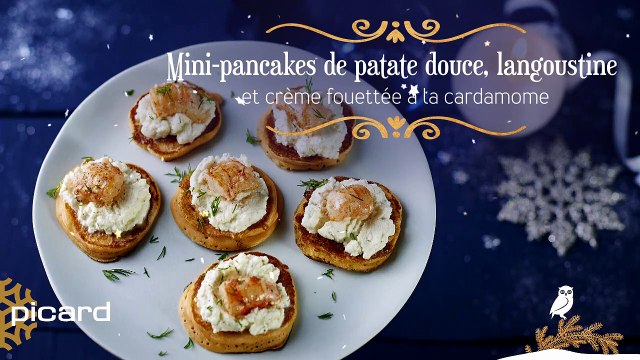 Mini-pancakes de patate douce, langoustine et crème fouettée à la cardamome