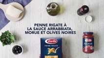 Penne Rigate à la sauce Arrabbiata, morue et olives noires