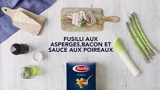 Fusilli aux asperges et pancetta, sauce aux poireaux