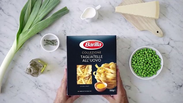 Tagliatelle au poireau, petits pois et à la crème de parmesan