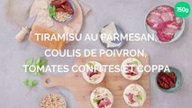 Tiramisu au parmesan, coulis de poivron, tomates confites et coppa