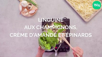 Linguines aux champignons, crème d'amandes et épinards