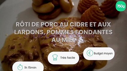 Download Video: Rôti de porc au cidre et aux lardons, pommes fondantes au miel