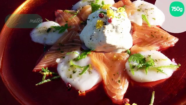 Chantilly de citron vert sur son carpaccio de saumon et de Saint Jacques