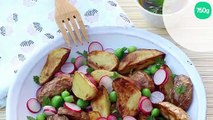 Salade de pommes de terre primeur rôties aux petits pois frais et radis