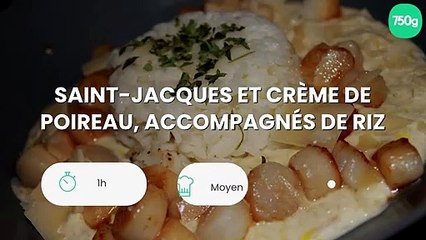 Saint-jacques et crème de poireau, accompagnés de riz