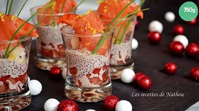 Verrines de gambas au saumon fumé, sauce aux œufs de lompe