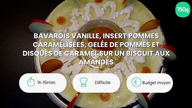 Bavarois vanille, insert pommes caramélisées, gelée de pommes et disques de caramel sur un biscuit aux amandes