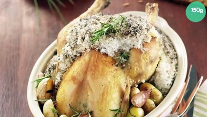 Poulet en croûte de sel et grenailles de Noirmoutier