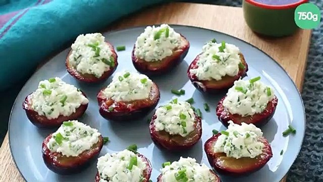 Bouchées apéro : quetsches et fromage de chèvre à la ciboulette