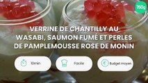 Verrine de chantilly au wasabi, saumon fumé et perles de Pamplemousse rose de Monin