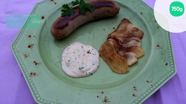 Boudin blanc poêlé et son éventail de pommes à la sauce moutardée