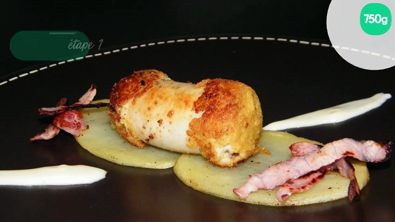 Spritz de boudin blanc à la moutarde, pommes de terre fondante, sauce au Chaource et chips de jambon                d'Ardennes