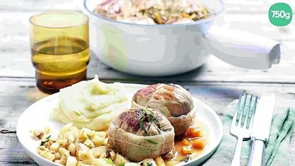 Paupiettes de veau braisées, purée de panais et estragon, cerneaux de noix