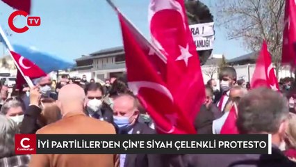 İYİ Partililerden, Çin'in Ankara Büyükelçiliği önünde siyah çelenkli protesto