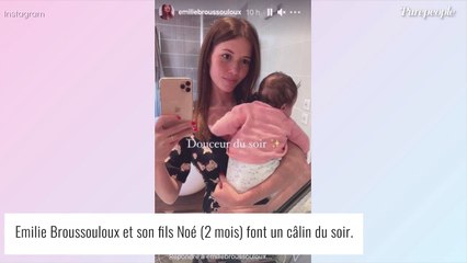 Emilie Broussouloux maman : câlin du soir avec son bébé Noé, tout chevelu