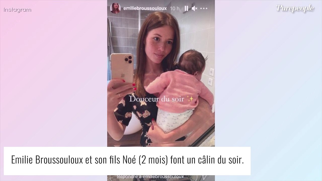 Emilie Broussouloux maman : câlin du soir avec son bébé Noé, tout chevelu
