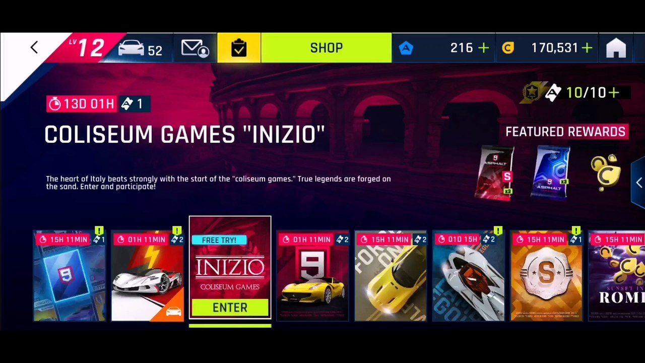 Asphalt 9 Gameplay - Coliseum Games "Inizio" - Bread And Circuses