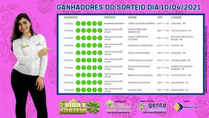 Veja quem são os ganhadores do Vida e Sorteio de hoje (10)