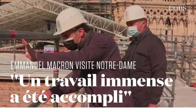 Emmanuel Macron sur le chantier de Notre-Dame évoque le volontarisme et l' espoir