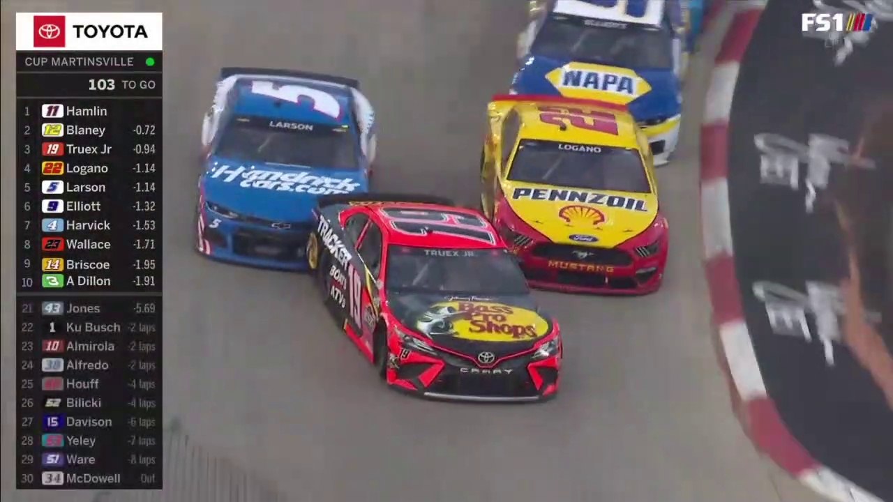 Nascar Cup Martinsville2021 Truex Jr Hit by Logano Larson Great Save